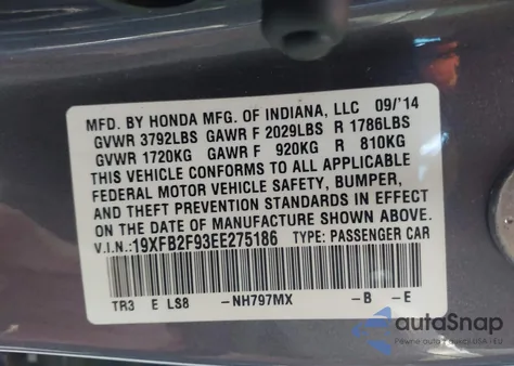 2014 Honda Civic Ex-L from USA, damaged, VIN 19XFB2F93EE275186